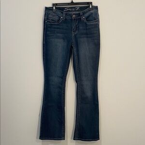 Seven7 Dark Blue Boot Cut denim Jeans size 10 back pockets metallic details
